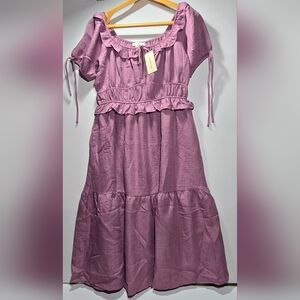 Cute Purple Ruffled Tiered Puff Sleeve Large Monteau Dress Floral Whimsical